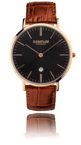 KOMPASS NAUTILUS ROSE GOLD BLACK DIAL BROWN STRAP