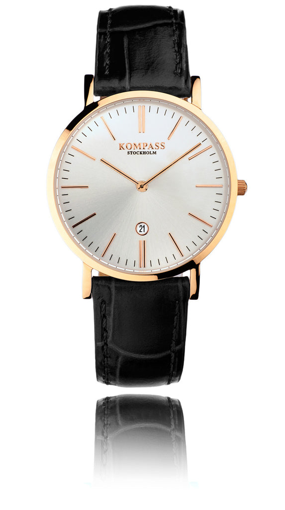 KOMPASS NAUTILUS LADIES ROSE GOLD SILVER DIAL BLACK STRAP