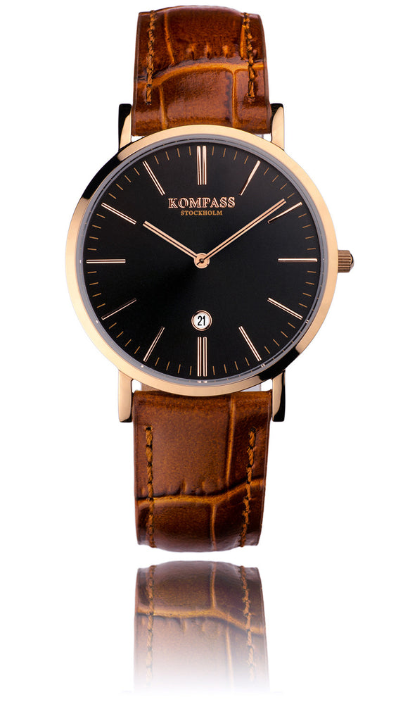 KOMPASS NAUTILUS LADIES ROSE GOLD BLACK DIAL BROWN STRAP