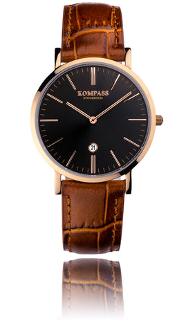 KOMPASS NAUTILUS LADIES ROSE GOLD BLACK DIAL BROWN STRAP