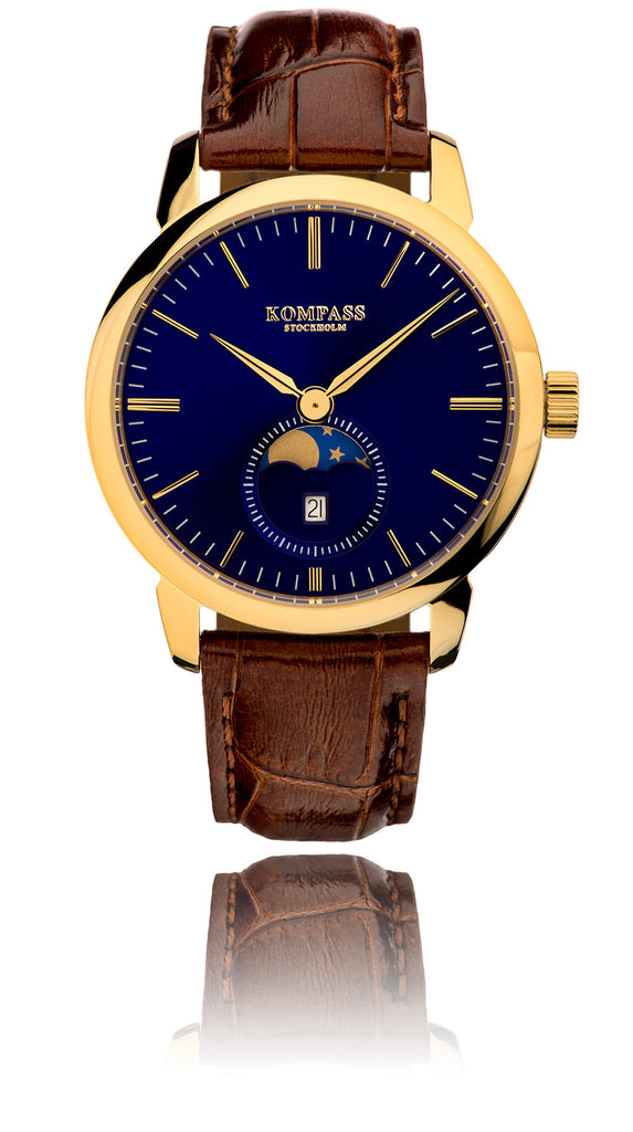 KOMPASS GRAND MOON PHASE BLUE DIAL BROWN STRAP