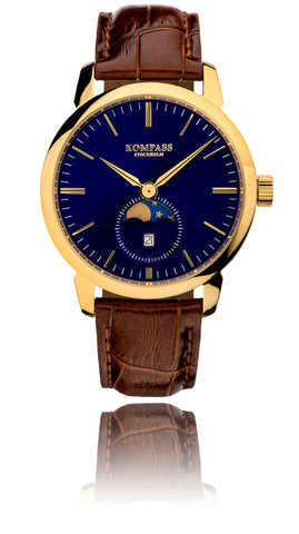 KOMPASS GRAND MOON PHASE BLUE DIAL BROWN STRAP