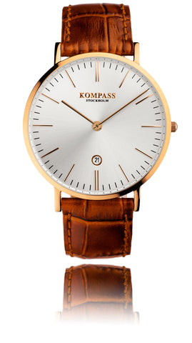 KOMPASS NAUTILUS ROSE GOLD SILVER DIAL BROWN STRAP