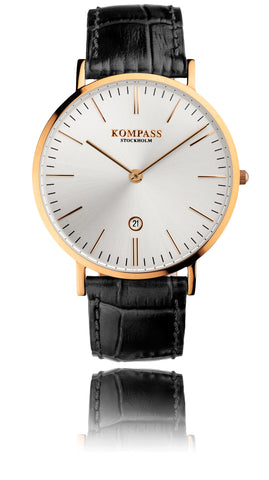 KOMPASS NAUTILUS ROSE GOLD SILVER DIAL BLACK STRAP