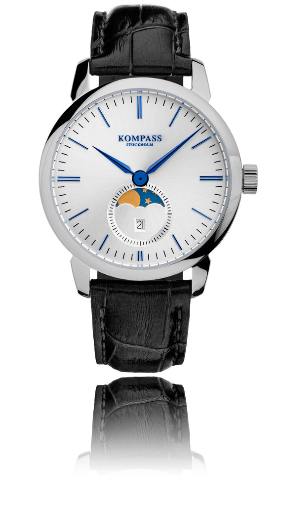 KOMPASS GRAND MOON PHASE SILVER DIAL BLACK STRAP